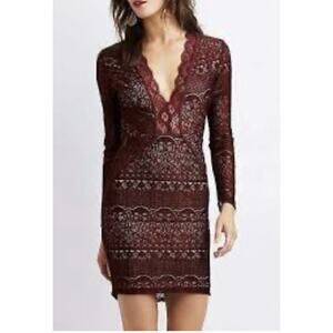 Charlotte Russe Burgundy Red V Neck Long Sleeves Lace Bodycon Dress XL